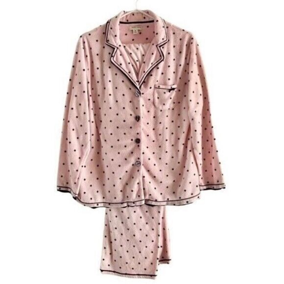 Anne Klein Pink/Black Polka Dot Fleece Pajama Set Size L - Picture 1 of 9